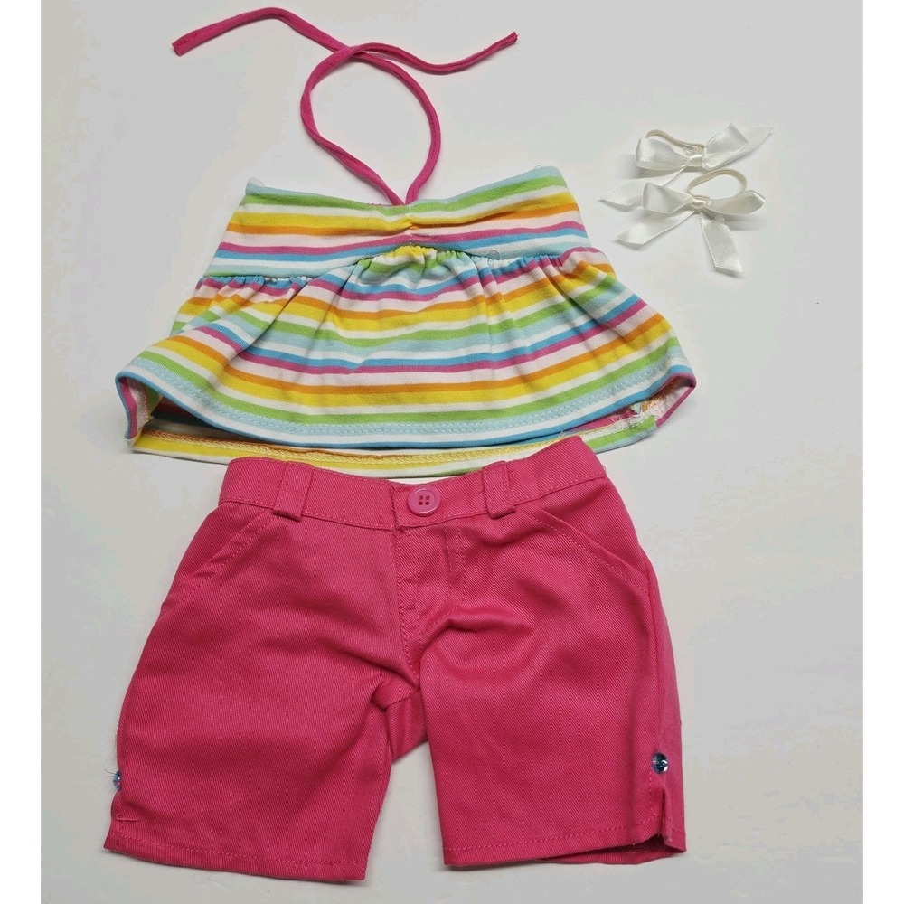 Build-A-Bear Summer Outfit Shorts, Halter Top, Bows Pink, Stripes